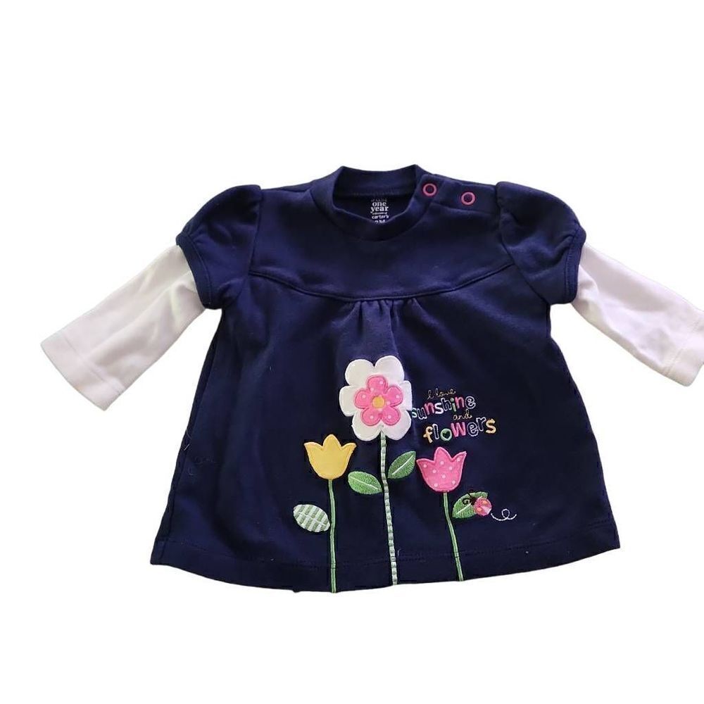Carter's Just One Year Girls Blue Long Sleeve Flowers Top - Size 3 Months